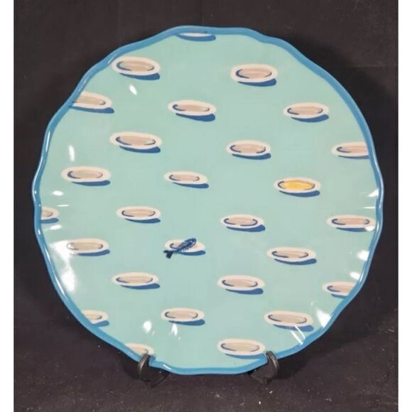 2 Anthropologie Nathalie Lete Blue Scalloped Fish Skeleton 8" Salad Plates - Picture 3 of 5